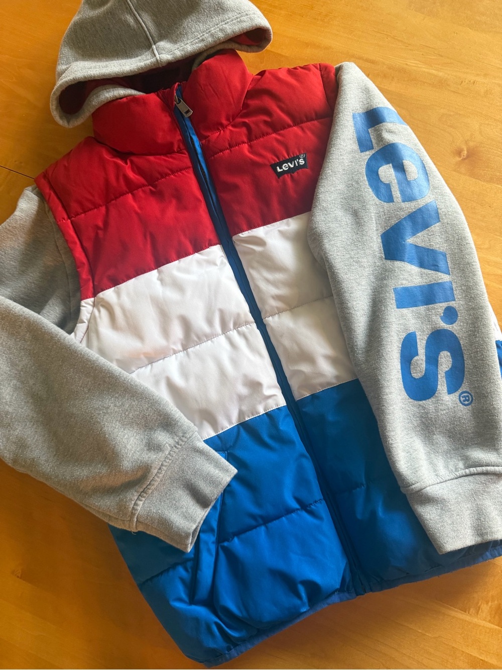 Levi’s Youth L Colorblock Puffer Hoodie Jacket Red White Blue Gray